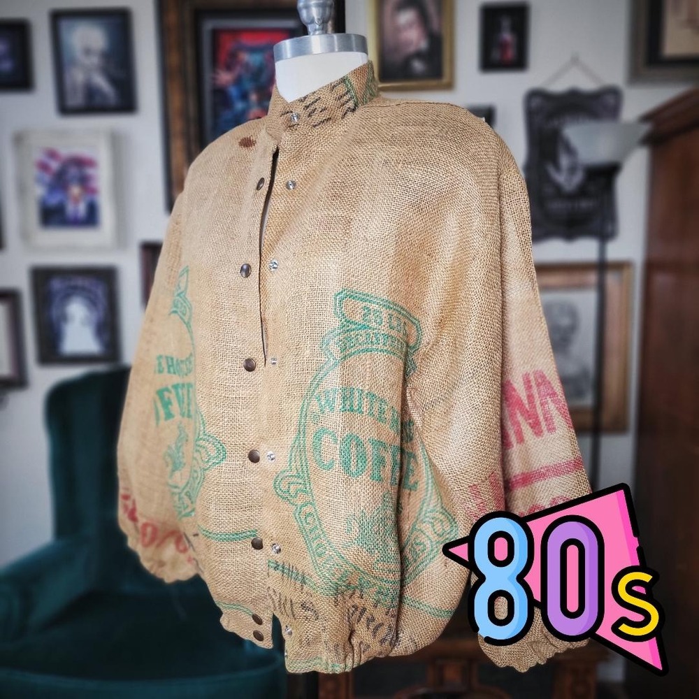 Vintage 80s ST MARTIN Mens Tan Coffee Sack Bomber Jacket Burlap Art‎ - Medium